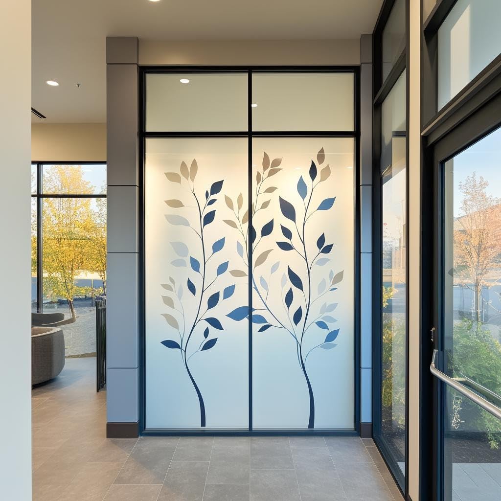 Frosted Glass Decal with Multi-Color Leaf Design | Privacy Window Film Sticker for Office, Doors & Partitions | Etched Glass Sticker