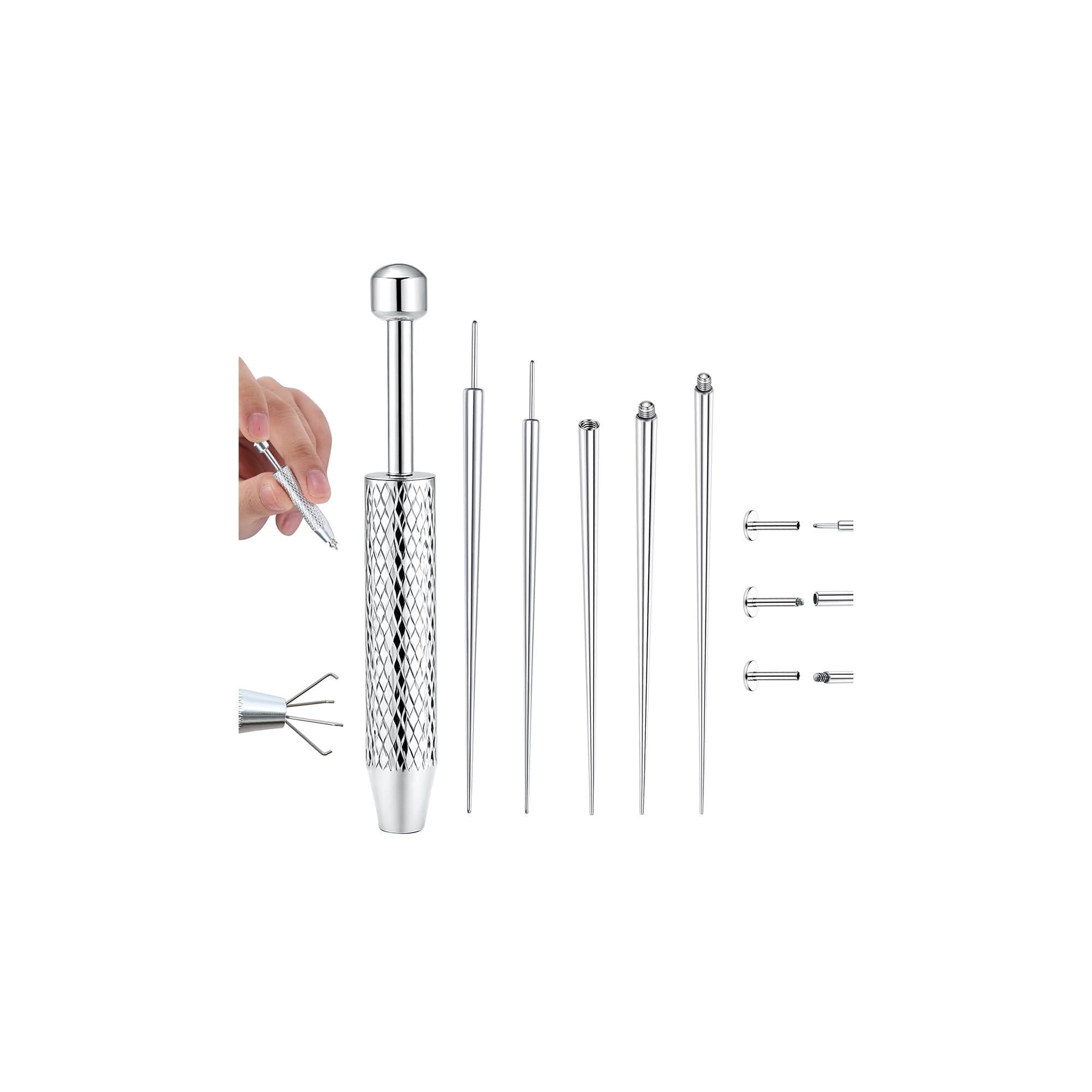 Piercing Taper Ball Grabber Tool for Changing Jewelry - 14G 16G 18G 20G Stainless Steel Flat Back Earrings Applicator Tool Threadless Insertion Pin Thread Body Piercing Kit for Ear Nose Lip