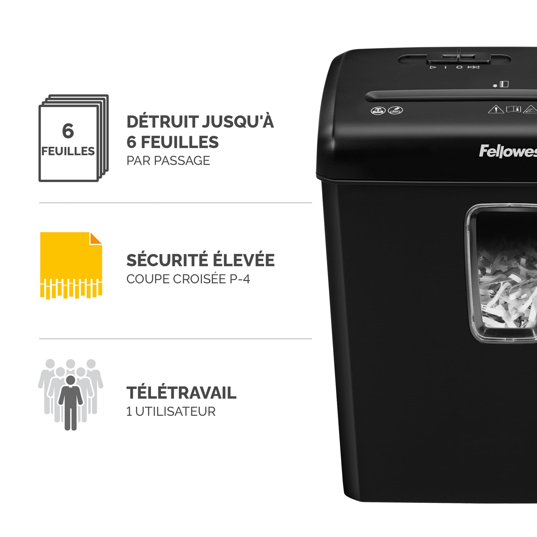 Fellowes Destructeur de documents Powershred FS-6C, destructeur de papier agrafes, carte de crédit, coupe croisée, sécurité P-4, corbeille 15L, 6 feuilles, verrou sécurité, 5013601, exclusivité Amazon