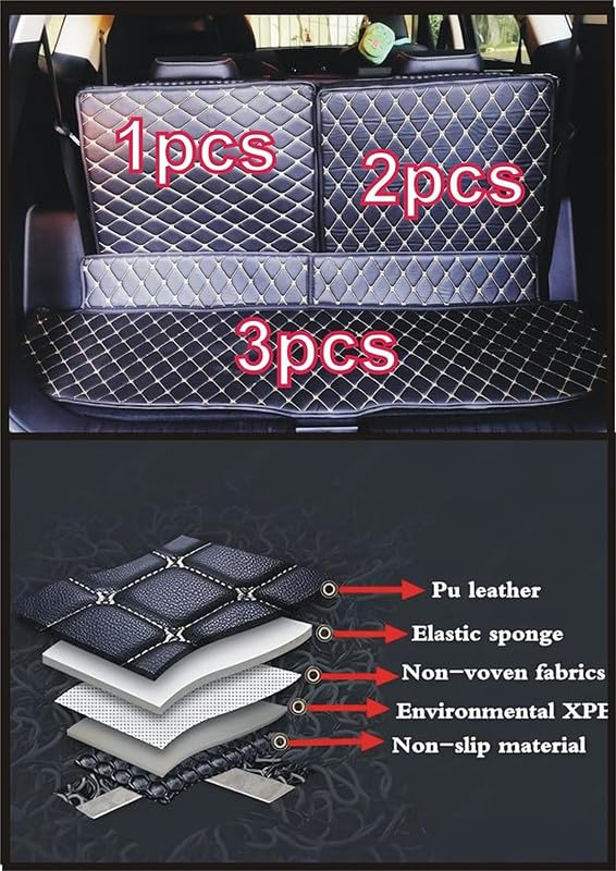 Image of Premium 7D Boot /Trunk Mats Compatible for Kia EV 9||Luxury Leather Double Layered mats||Set of 3Pcs||100% Waterproof and Washable (Tan with Golden)