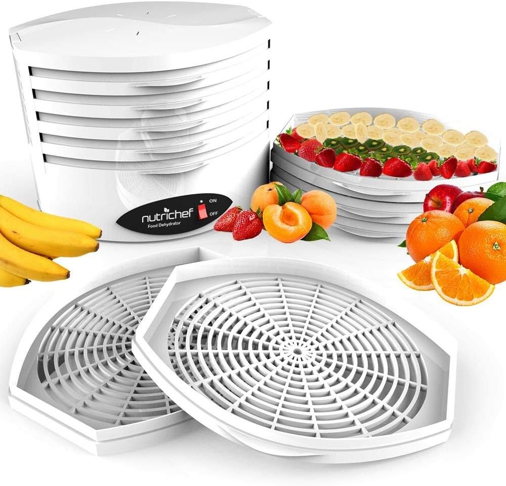 NutriChef 5-Tray Food Dehydrator Machine - Professional Electric Multi-Tier Hanging Food Preserver, Meat or Beef Jerky Maker, Fruit or Vegetable Heat Circulation Dryer - PKFD18WT