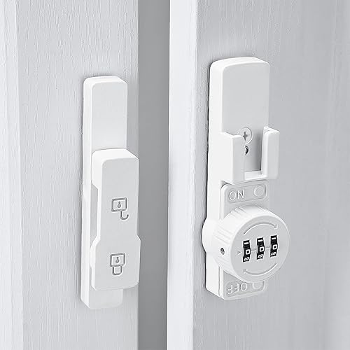 Miniatura 5 de Paquete de 2 cerraduras blancas para puerta de granero de 180 grados, cerradura mecánica de contraseña, pestillo abatible con combinación,