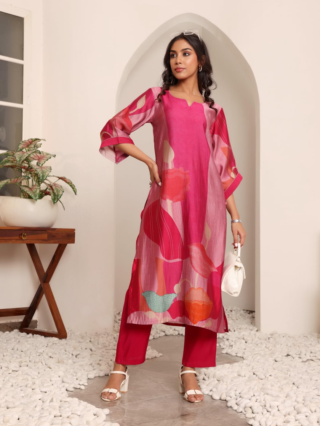 Varanga Women Chanderi Fuchsia Pink Abstract Printed Straight Kurta With Trousers Stylish Ethnic Set, Large