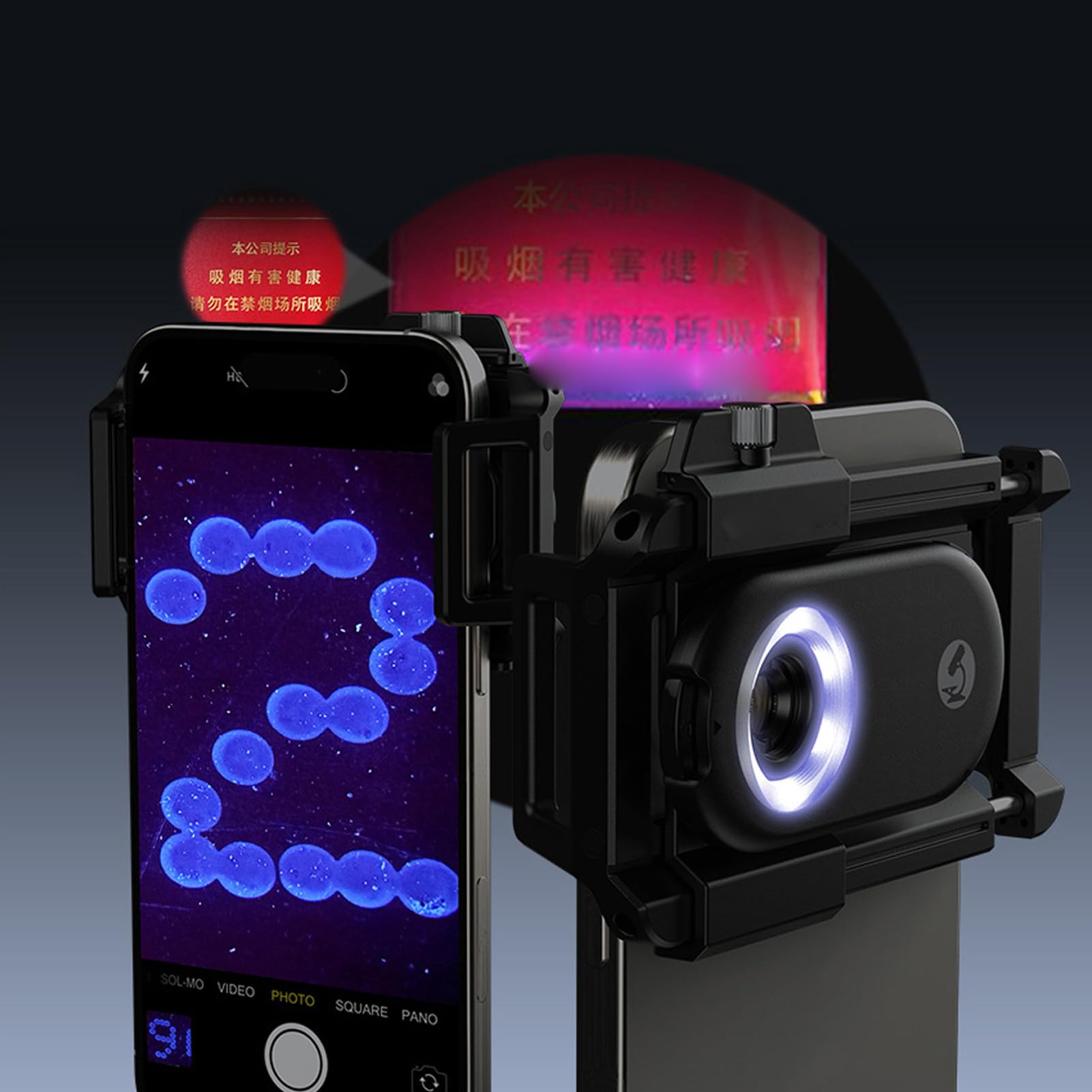 Obiettivo Fotocamera Telefono, Obiettivo Macro con Luce LED, 4 Lenti in Vetro Premium, Alta Trasmissione, Filtro CPL, Fotografia Macro Professionale per Telefoni (150X)