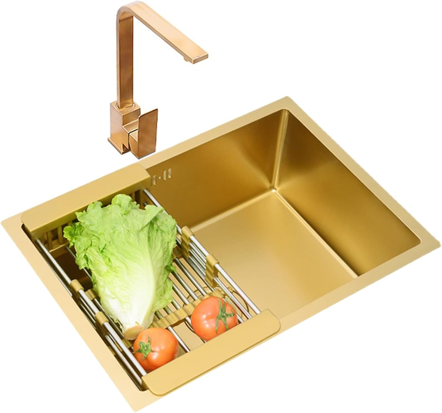 304 Stainless Steel Kitchen Sink Brushed Single Bowl Bar Prep Sink with Square Faucet & Drain Assembly(Gold 45x40cm) (Gold 60x40cm)