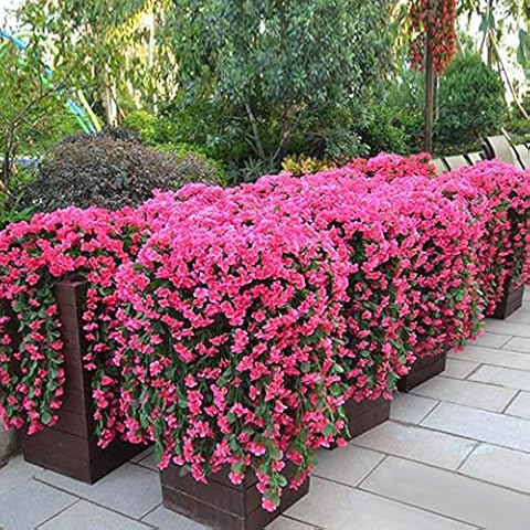 Artificial Chlorophytum Bouquet Fence, Expanding Wooden Garden Trellis Fence Screen with Artificial Plant Leaves & Flowers, Faux Hanging Plants Fake Ivy Leaves for Wall Home Basket Decor (Hot Pink) Cover