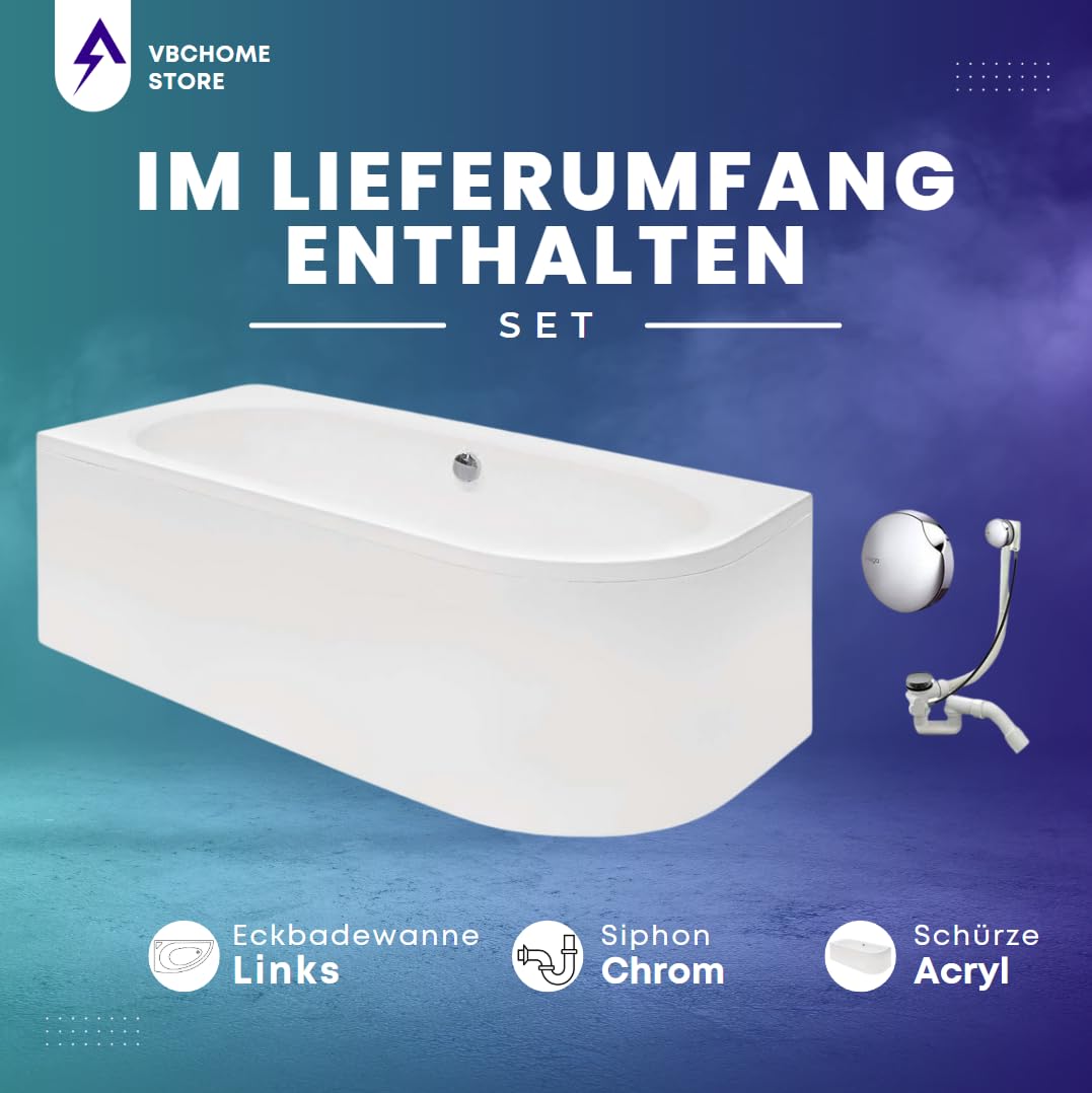 VBChome Badewanne 180x80 cm Acryl SET Schürze Siphon Wanne Ecke Eckbadewanne Weiß Design Modern Ablaufgarnitur in Chrom für 2 Personen links
