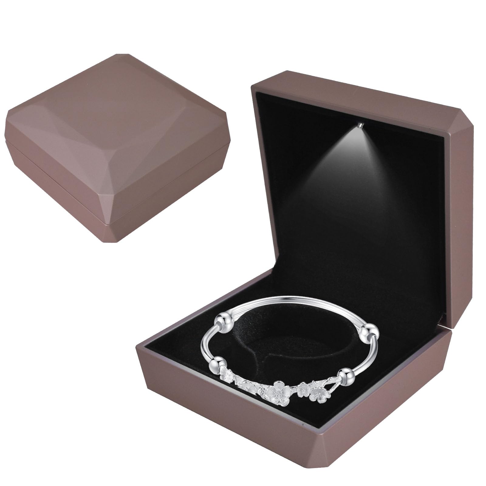 Bracelet Box with LED Light, Velvet Jewelry Pendant Necklace Bangle Light up Storage Display Case, Luxury LED Light Bracelet Gift Box, for Proposal Engagement Wedding Anniversary, 10*10*5cm, RoseGold