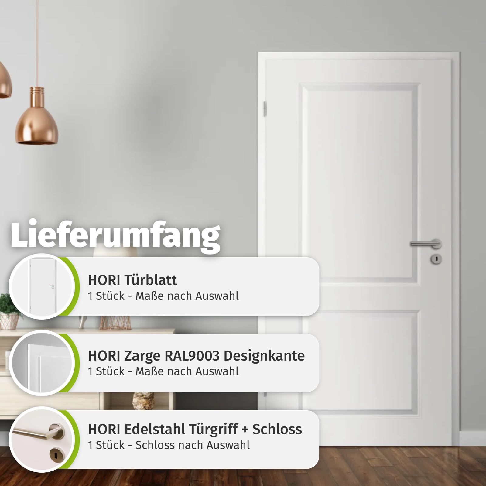 HORI Zimmertür Komplettset I Signalweiß I Zarge und Türdrücker I Röhrenspanmittellage I ohne Lichtausschnitt I DIN Links I Breite: 860 I Wandstärke: I Schloss: Buntbartschloss
