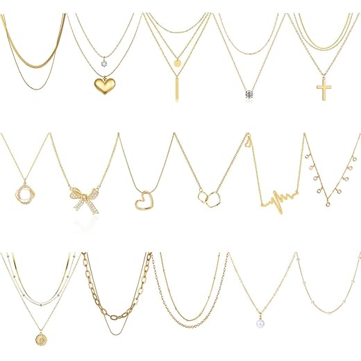 Myofeng 16Pcs Gold Necklaces Set for Women 14k Gold Plated Dainty Trendy Pendant Chain Choker Pack Multilayer Necklace Set for Women Adjustable Jewelry Gift
