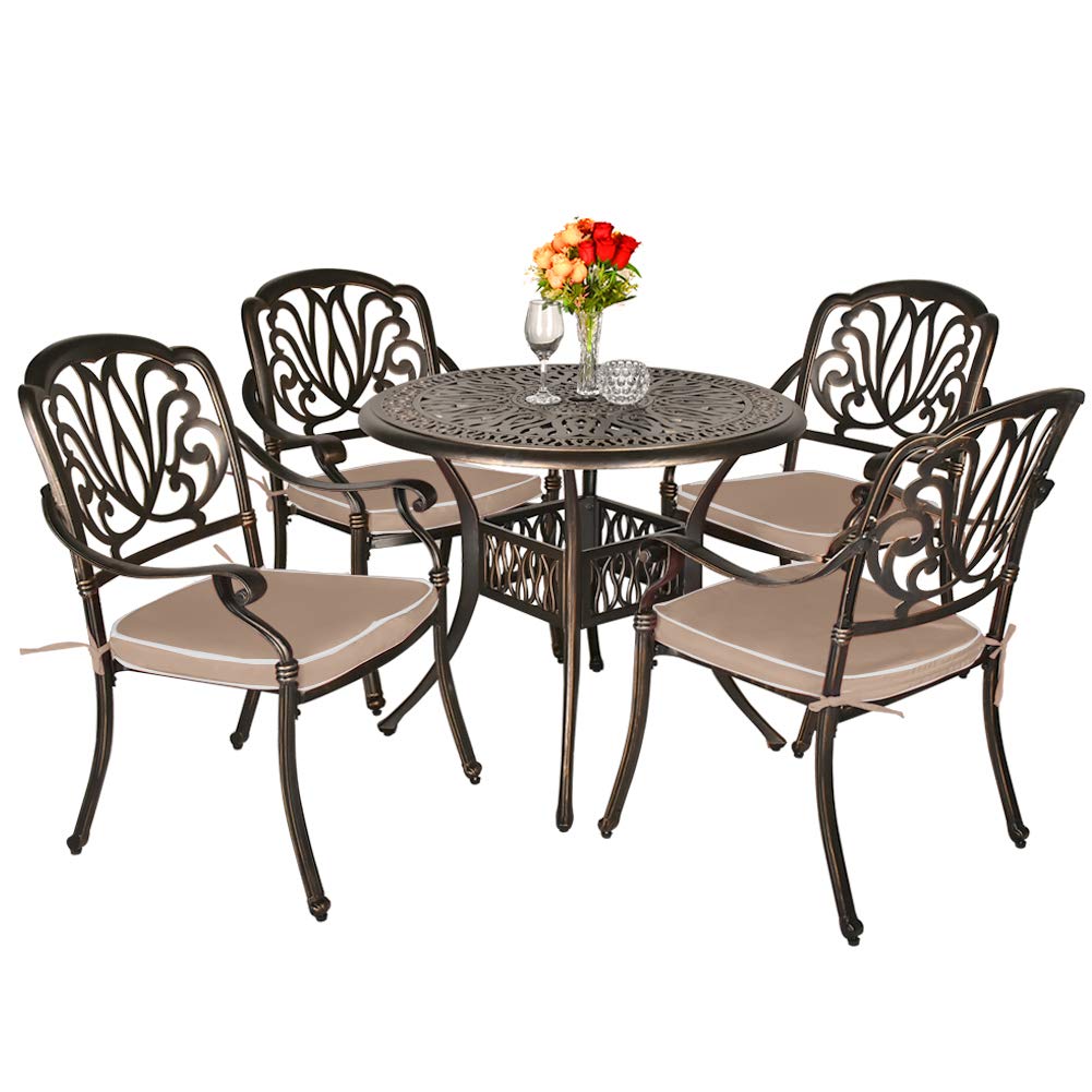 TITIMO 5 Piece All-Weather Cast Aluminum Outdoor Patio Deck Dining Set w/Round Table and 4 Chairs, Khaki Cushions, Umbrella Hole - Deep Bronze