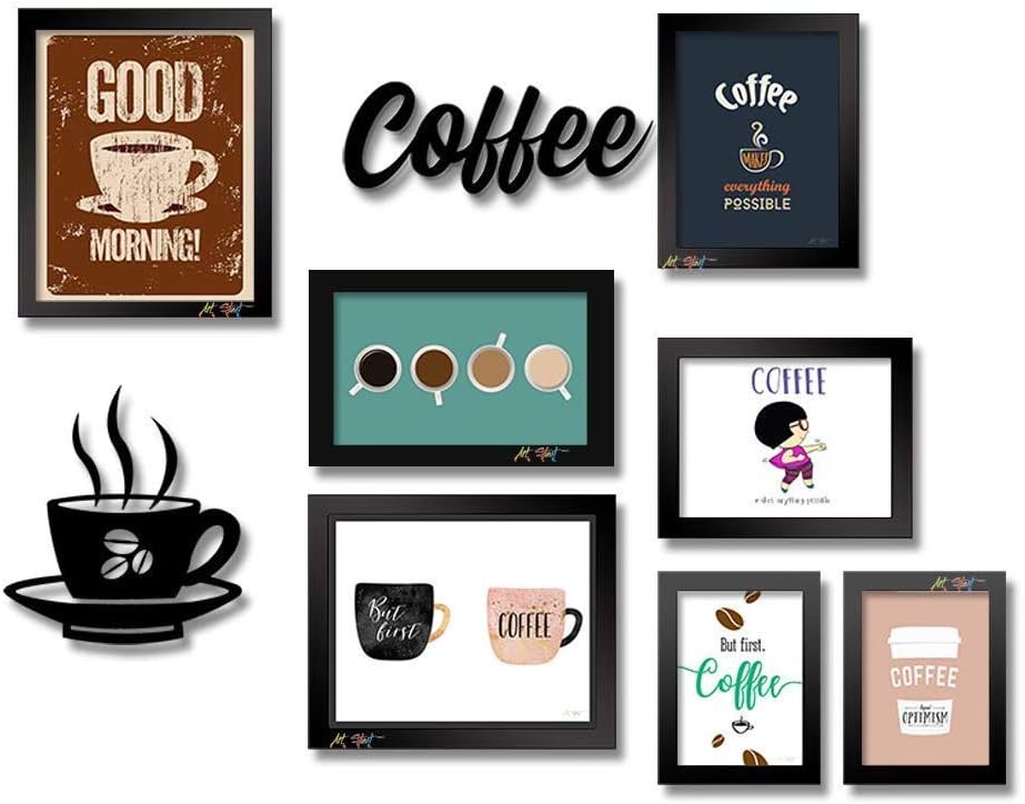 Coffee Retro Theme Kitchen and Cafe Framed Wall Art Painting Food Kitchen Quotes Painting With Frame Wall Decor for Home, Restaurant, Café, with MDF cutouts Set of 9