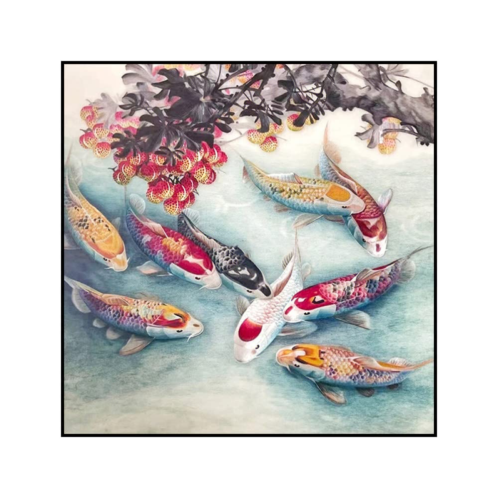 Peinture à l'huile grand format style chinois abstrait avec 9 poissons Feng Shui