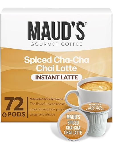 Maud's Chai Tea Latte (latte Cha-Cha-Chai especiado), 72 ct. Cápsulas de té Chai con sabor a café latte con sabor a energía solar, 100% hojas de té