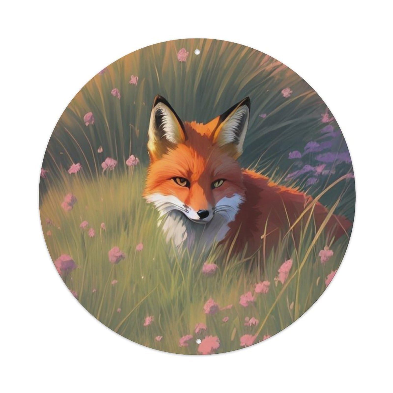 Animals Artwork Red Fox in The Grass Vintage Metal Tin Sign Plaque Wall Decor for Cafe, Club Bar, Office, Garden Metal Poster 8x8Inch
