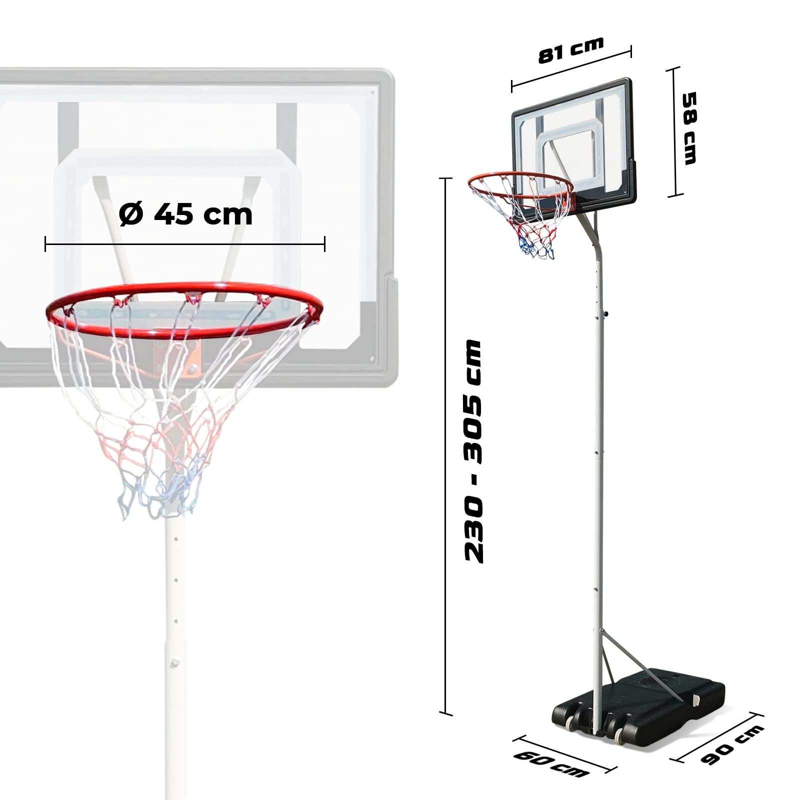 Basketballkorb Basketballständer Basketballanlage mit Ständer & Brett für Kinder, Jugendliche & Erwachsene, höhenverstellbare Korbhöhe 230 - 305cm, mobile Korbanlage mit Rollen für Indoor & Outdoor