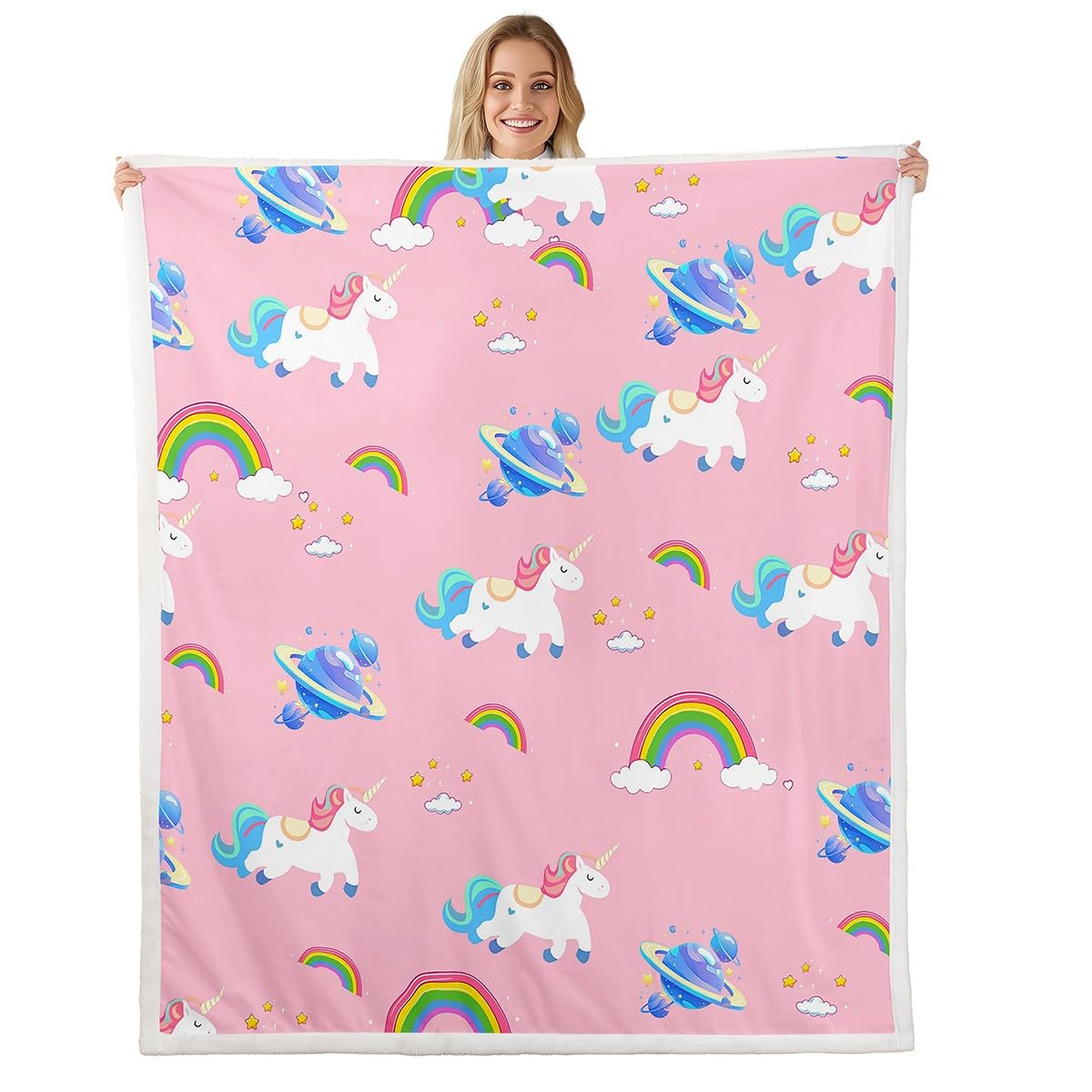 Homewish Nette Einhorn Decke 150x200cm Regenbogen Wurf Decke für Kinder Jungen Mädchen Cartoon Universum Pferd Tiere Fleece Decke Rosa Kawaii Wolken Sterne Schlafzimmer Dekor Sherpa Decke