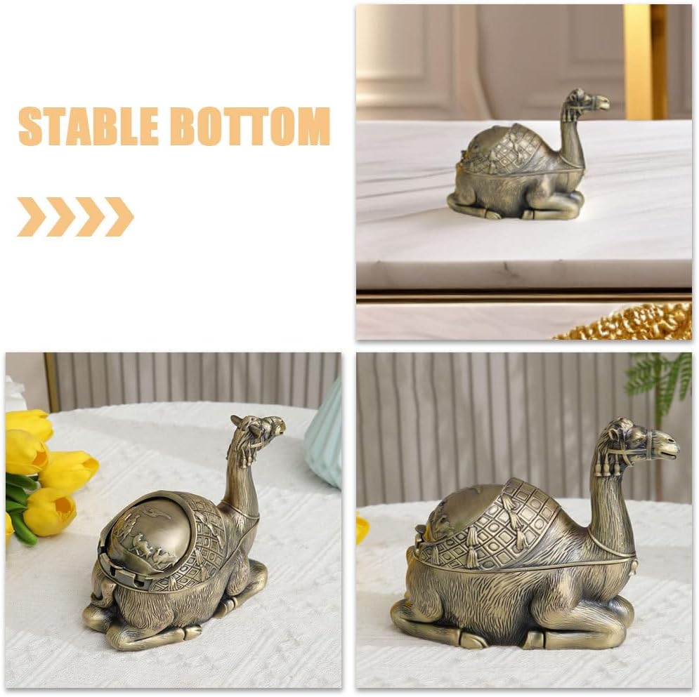 Veemoon Antique Metal Windproof Ashtray, Vintage Camel Ashtray with Lid Portable Table Animal Ash Tray Smokeless Ash Holder for Home Office Decoration Practical Man Women House Warming Gift