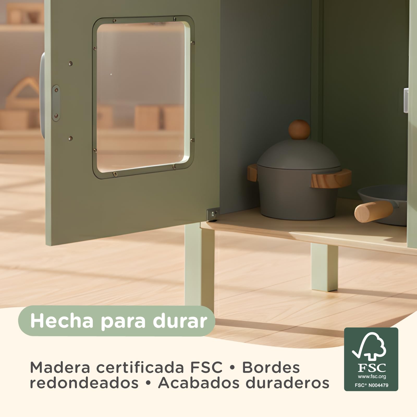 Nene Toys Cocina de Juguete de Madera – Cocinita con Fregadero, Horno y Fogones + 6 Accesorios – Juego de Imitación para Niños 3–5 Años – Mandos Giratorios, Bol Metálico, Resistente y Fácil de Montar