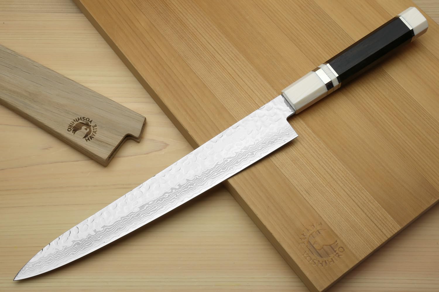 Yoshihiro VG10 46 Layers Hammered Damascus Sujihiki Japanese Slicer Knife (9.5" (240mm) Ebony Handle with Alternative Ivoy Bolster) — Amazon image 3
