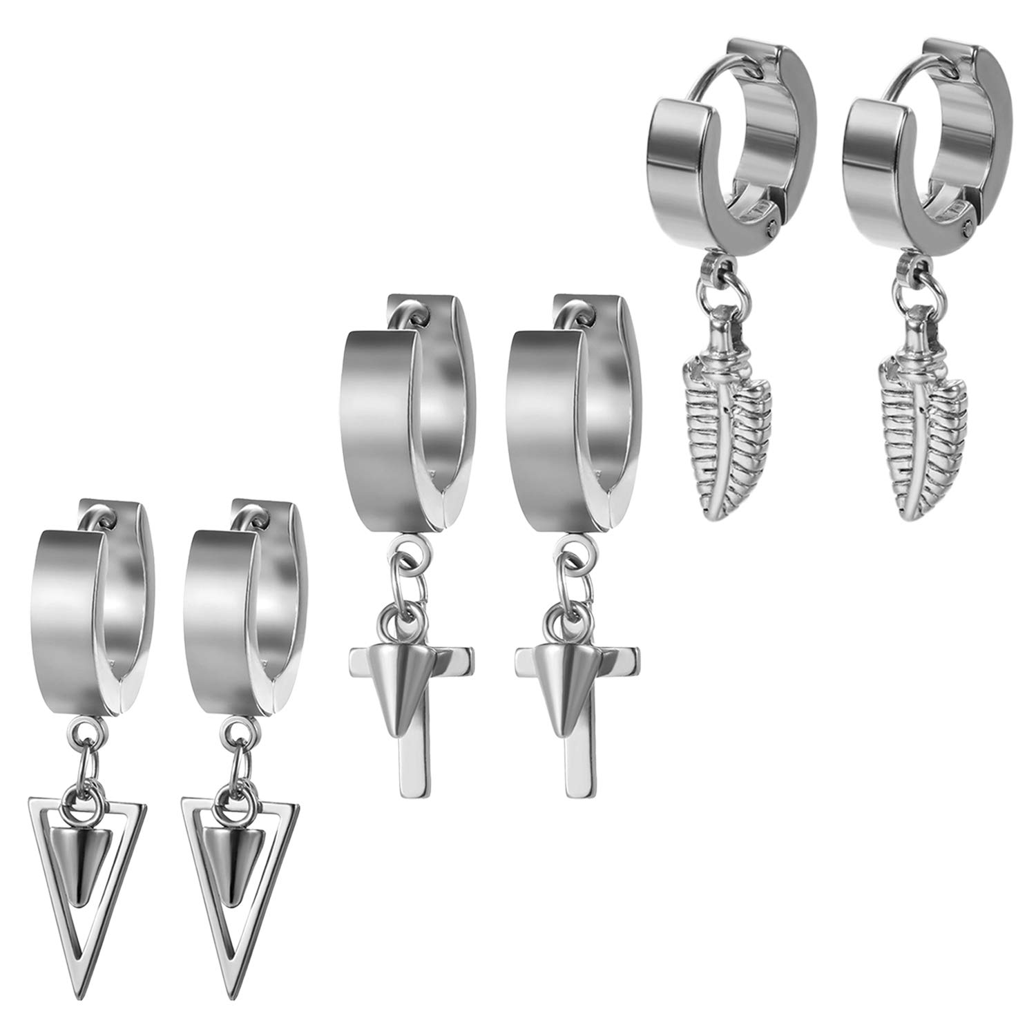 Aroncent 3 pares de pendientes de aro de acero inoxidable con plumas y remaches en forma de cruz para hombres y mujeres
