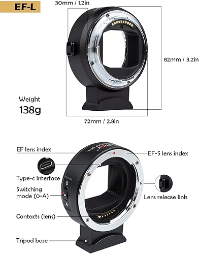 Miniatura 7 de VILTROX Adaptador de lente EF-L, adaptador de enfoque automático EF a L, anillo de control de convertidor de lente compatible con Canon EFEF-S lente