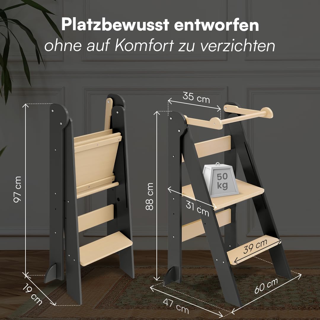 Bellabino Tay Lernturm ab 1 Jahr – Learning Tower 2-Fach höhenverstellbar & klappbar – Lernstuhl in Grau/Natur für Kinder – Montessori Stehturm aus Birkenholz – sicherer Tritthocker mit Kippschutz