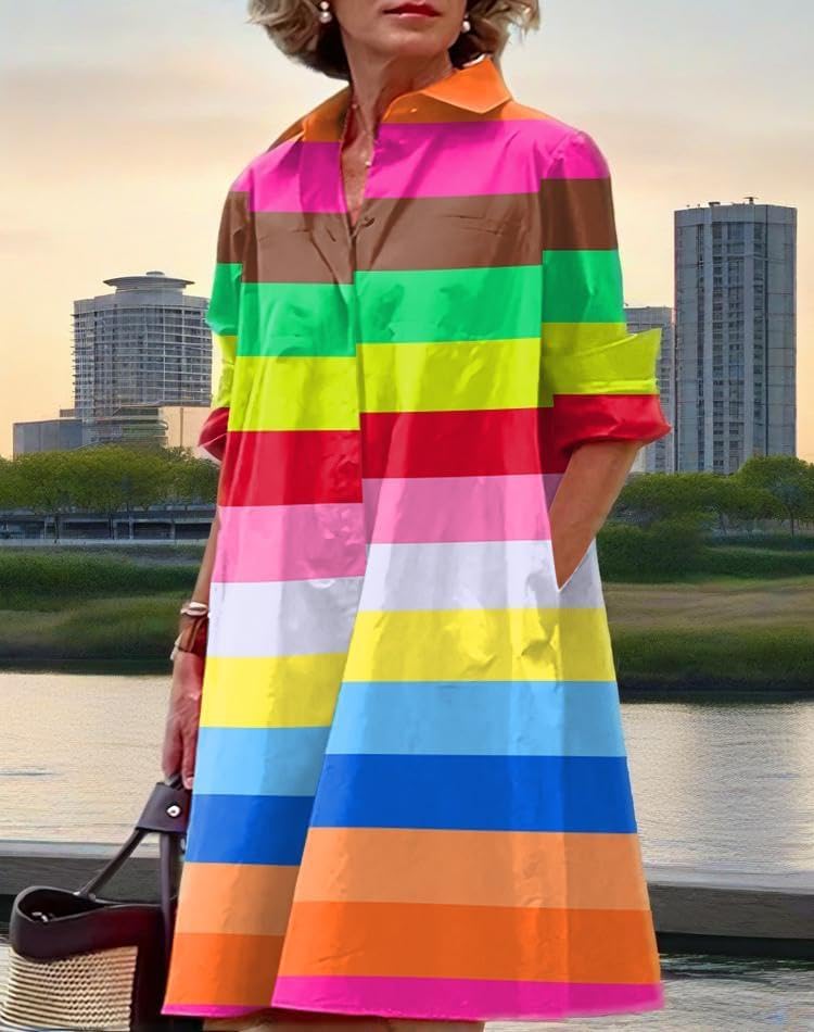 Womens 2025 Long Sleeve Button Down Shirt Summer Dress Casual V Neck Loose Fit Midi Shirt Dresses with Pockets - Image 5