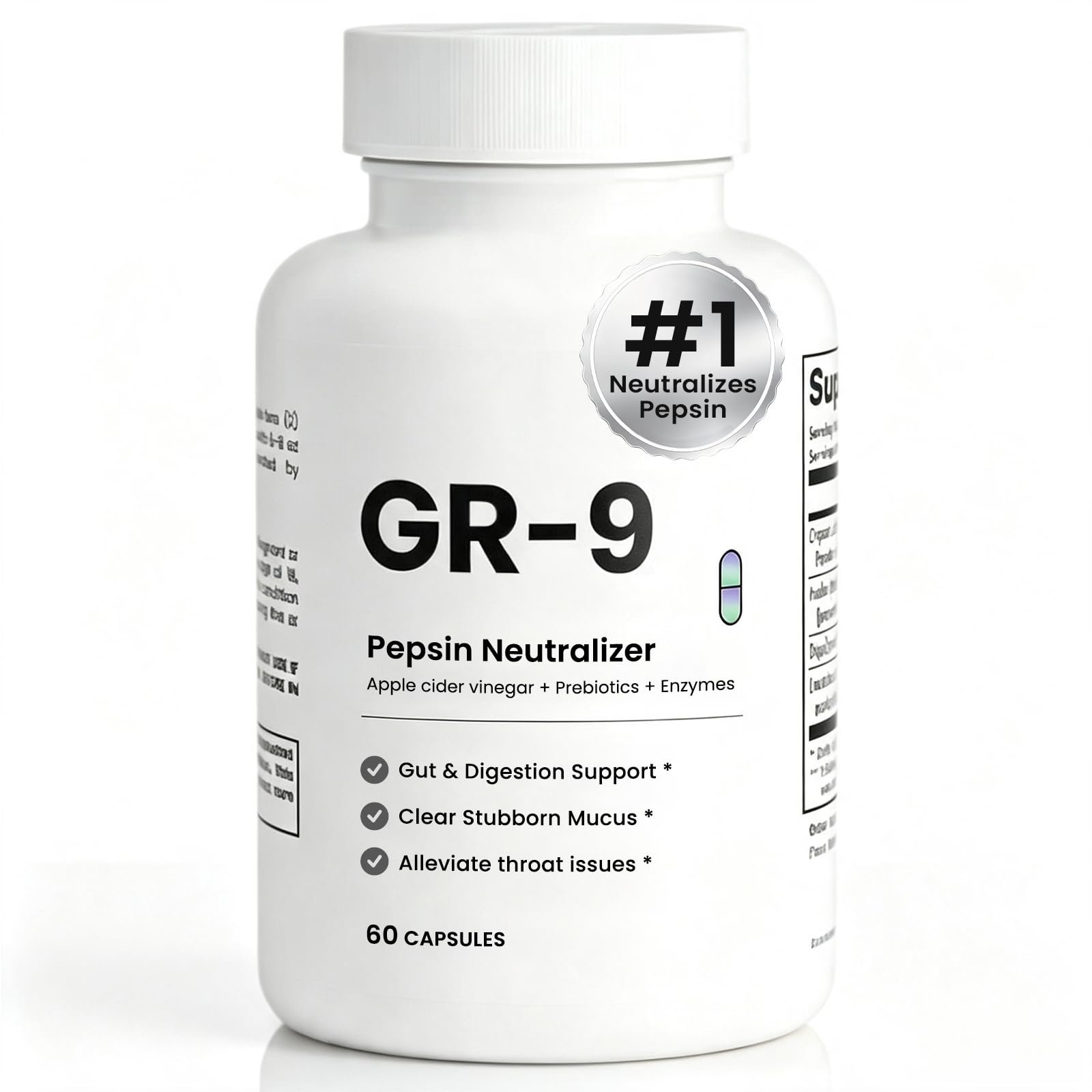 GR-9 Pepsin Neutralizer, GR 9 Supplement Pepsin, Gut & Digestion Support, Clear Stubborn Mucus, with Apple Cider Vinegar & Jerusalem Artichoke - 90 Capsules (1PCS)
