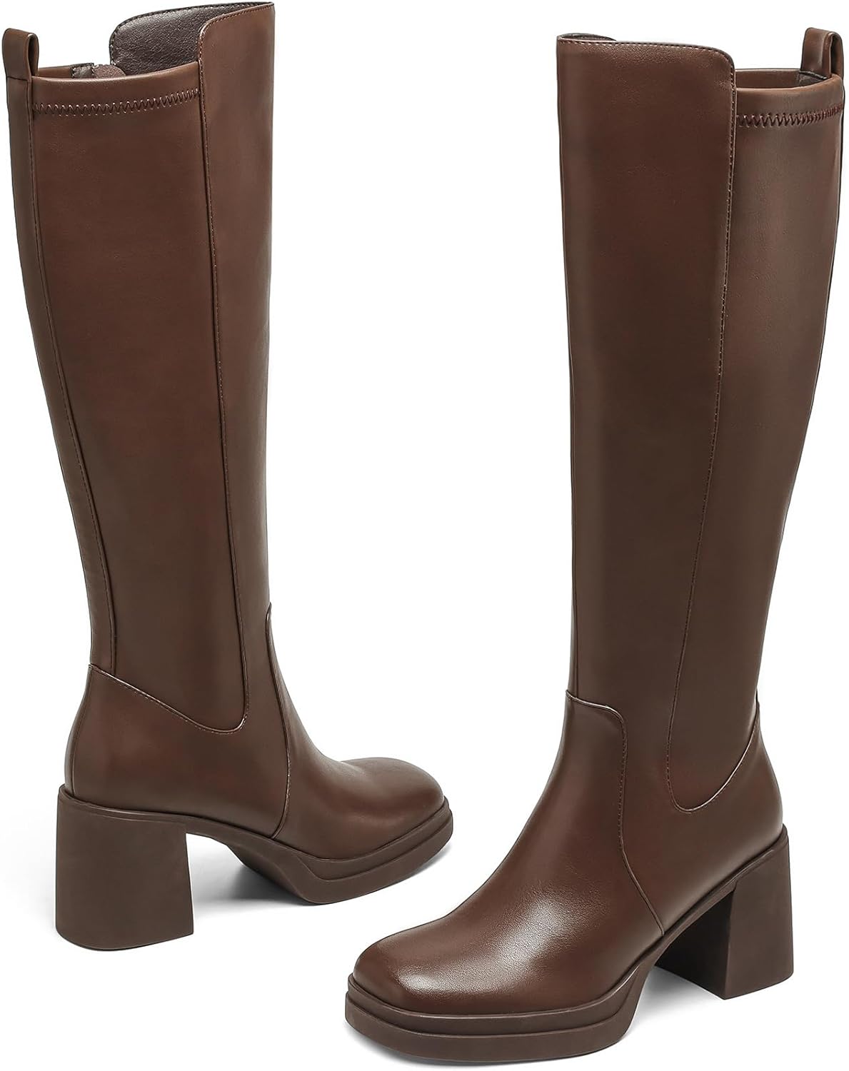 Knee High Boots Women Platform Chunky Heel Square Toe Tall Boot for Women High Heeled Side Zipper Long Boots