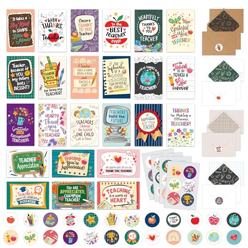 Decorably 24 Pack 4x6in Teacher Appreciation Cards with Envelopes and Stickers - 24 Unique Designs Teacher Thank You Cards with Printed Message Inside
