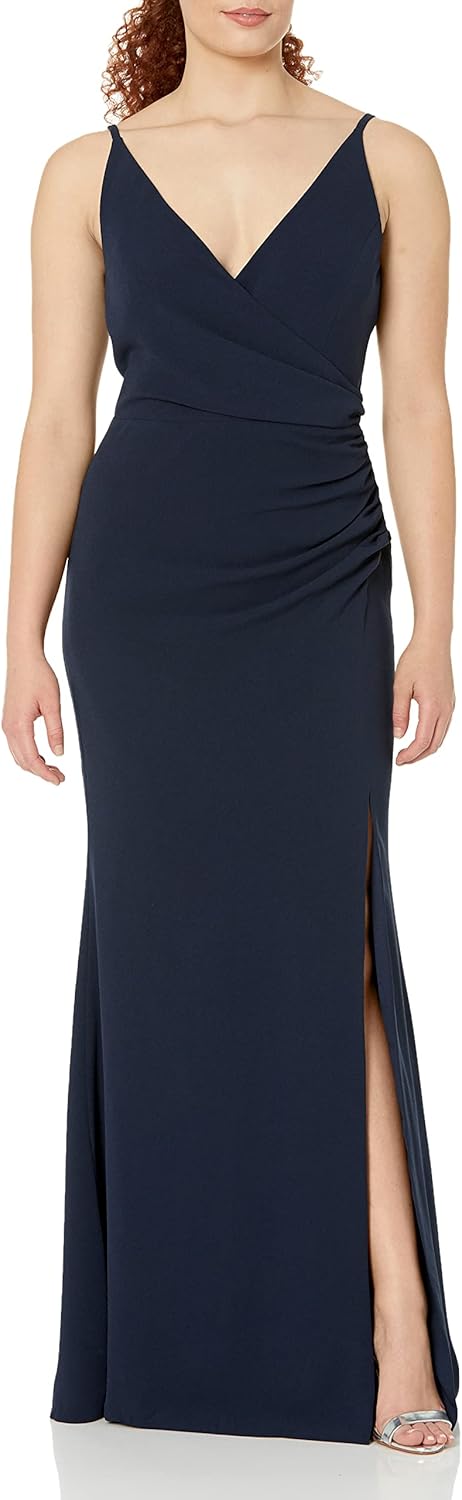 Dress The Population Womens Jordan Plunging Drape Front Sleeveless Long Gown with Slit
