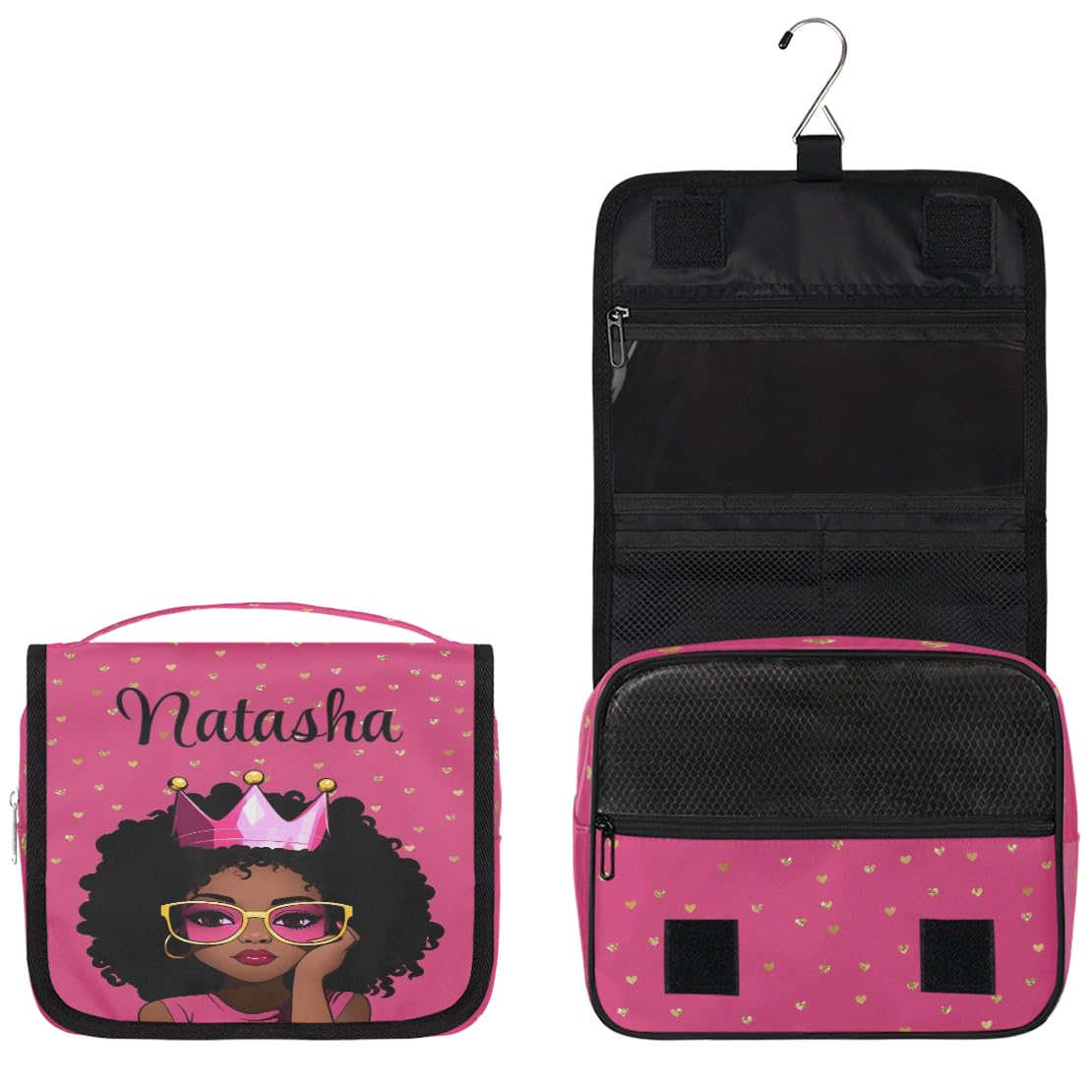 RIRIX Personalized Travel Toiletry Bag Cosmetic Bag for Women Girl, Custom Shaving Bag Make Up Bag Organizer for Man Boy Christmas Birthday Gift Hot Pink Afro Princess