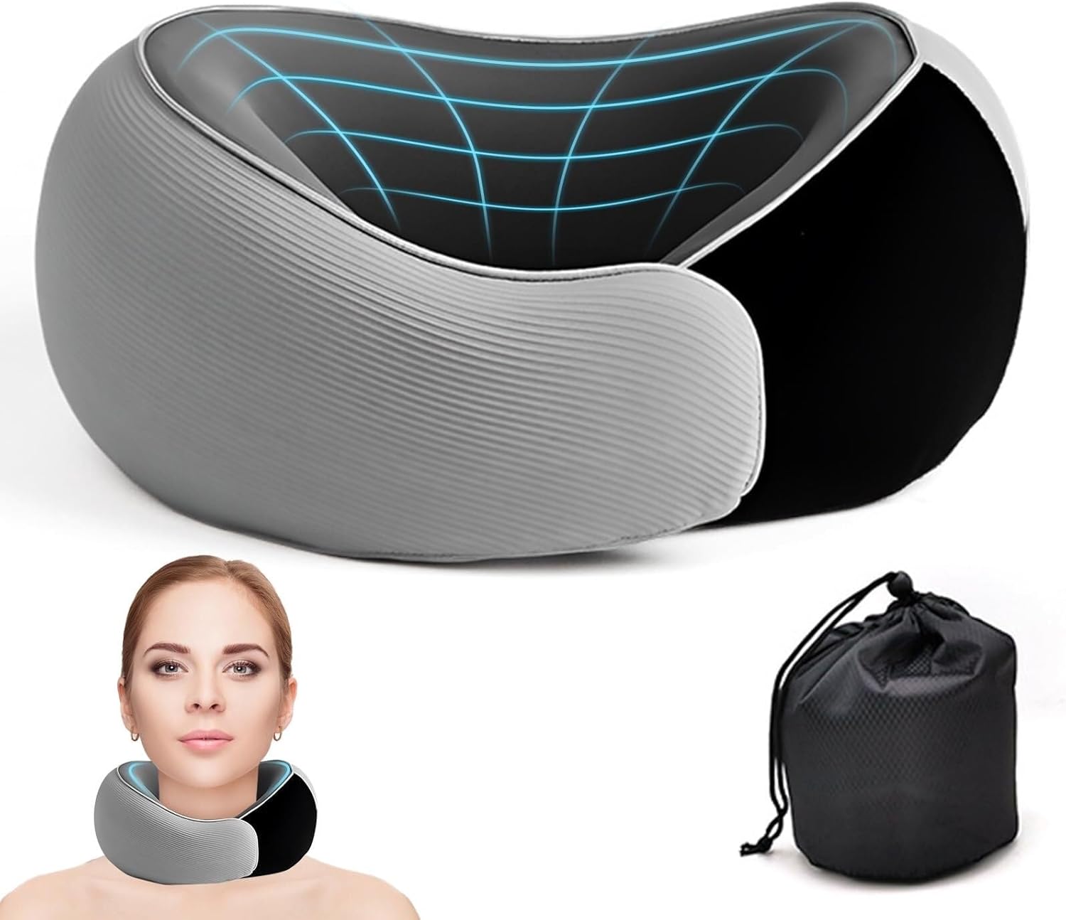 Travel Neck Pillow for Airplanes – 100% Memory Foam, 360° Head Support, Breathable & Washable Cover, Compact for Travel, Car & Flights Grey