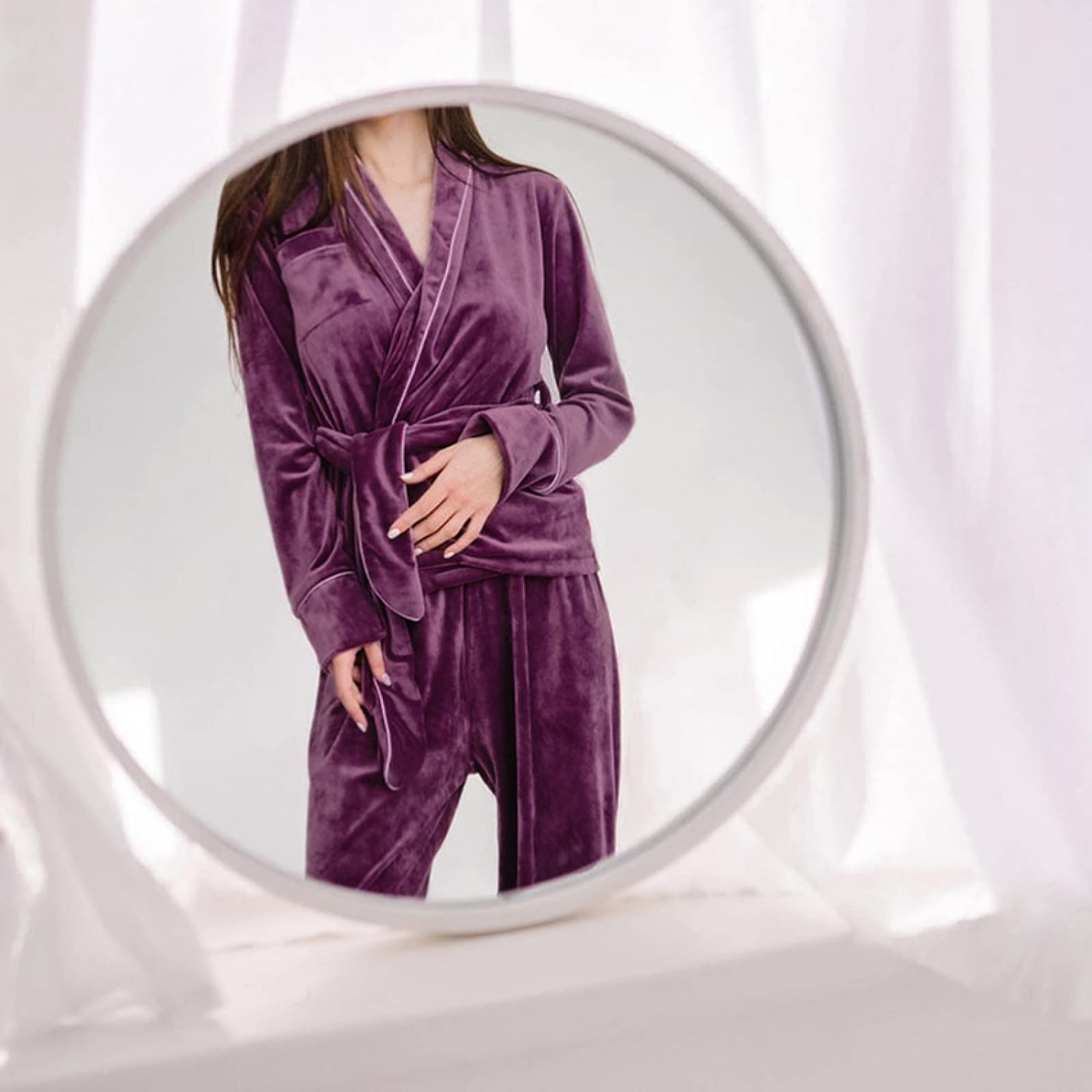 Conjunto De Dos Piezas De Pijama De Manga Larga para Mujer, Conjunto De Cárdigan Cálido Y Cómodo, Camisón Sexy para Mujer, Púrpura, L