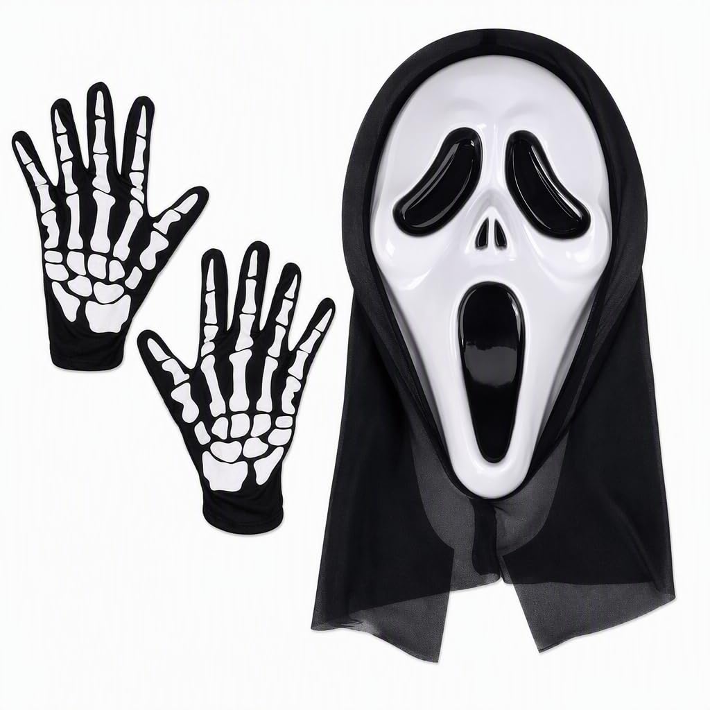 AisFgsw Halloween Horror Mask with Black Gloves, Scary Adult Mask and Gloves Set, Cosplay Costume Accessories for Fancy Dress, Masquerade & Themed Parties