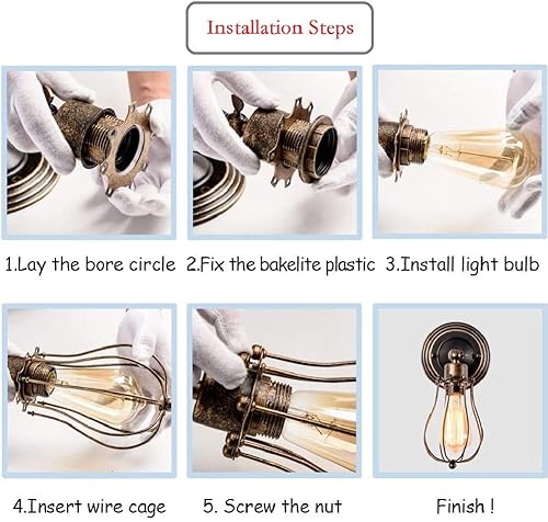 Miniatura 7 de Luces de pared estilo rústico americano, estilo vintage, enchufe ajustable, iluminación industrial, apliques de jaula de metal de alambre rústico,