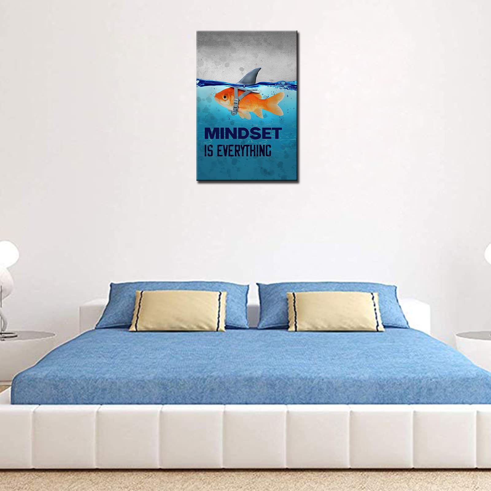 Modern Mindset is Everything Motivierende Wandkunst Goldfisch Inspirierende Leinwand Positive Zitat Wanddekoration Klassenzimmer Poster für Zuhause Dekoration Büro gespannt gerahmt fertig Aufhängen