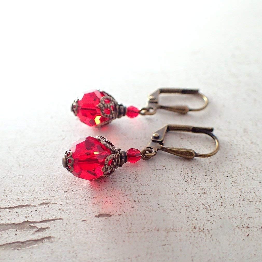 Handmade Antique Style Red Crystal Beaded Lever-back Earrings with Filigree