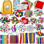 Chennyfun 3000pcs+ Arts and Crafts Supplies for Kids, Craft Art Kits for Toddlers with Unicorn Storage Bag, All in One D.I.Y. Crafting Set Includes Pom Poms, Feathers, Beads, Supply for Kids Ages 4-12