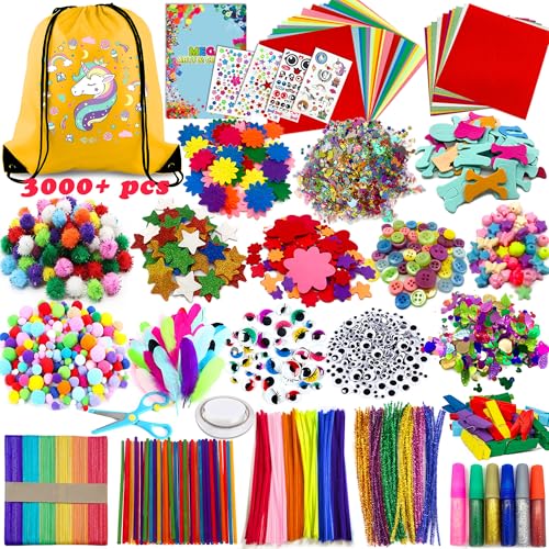 Chennyfun 3000pcs+ Arts and Crafts Supplies for Kids Craft Art Kits for Toddlers with Unicorn Storage Bag All in One D.I.Y. Crafting Set Includes Pom Poms Feathers Beads Supply for Kids Ages 4-12