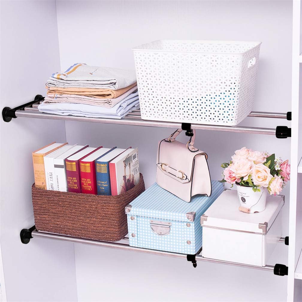 Hershii Adjustable Closet Tension Shelf Expandable Cabinet Hanging Rod Metal Storage Rack Organizer DIY Divider Separator for Wardrobe Cupboard Kitchen Bathroom, Black, 19.69-31.5inches