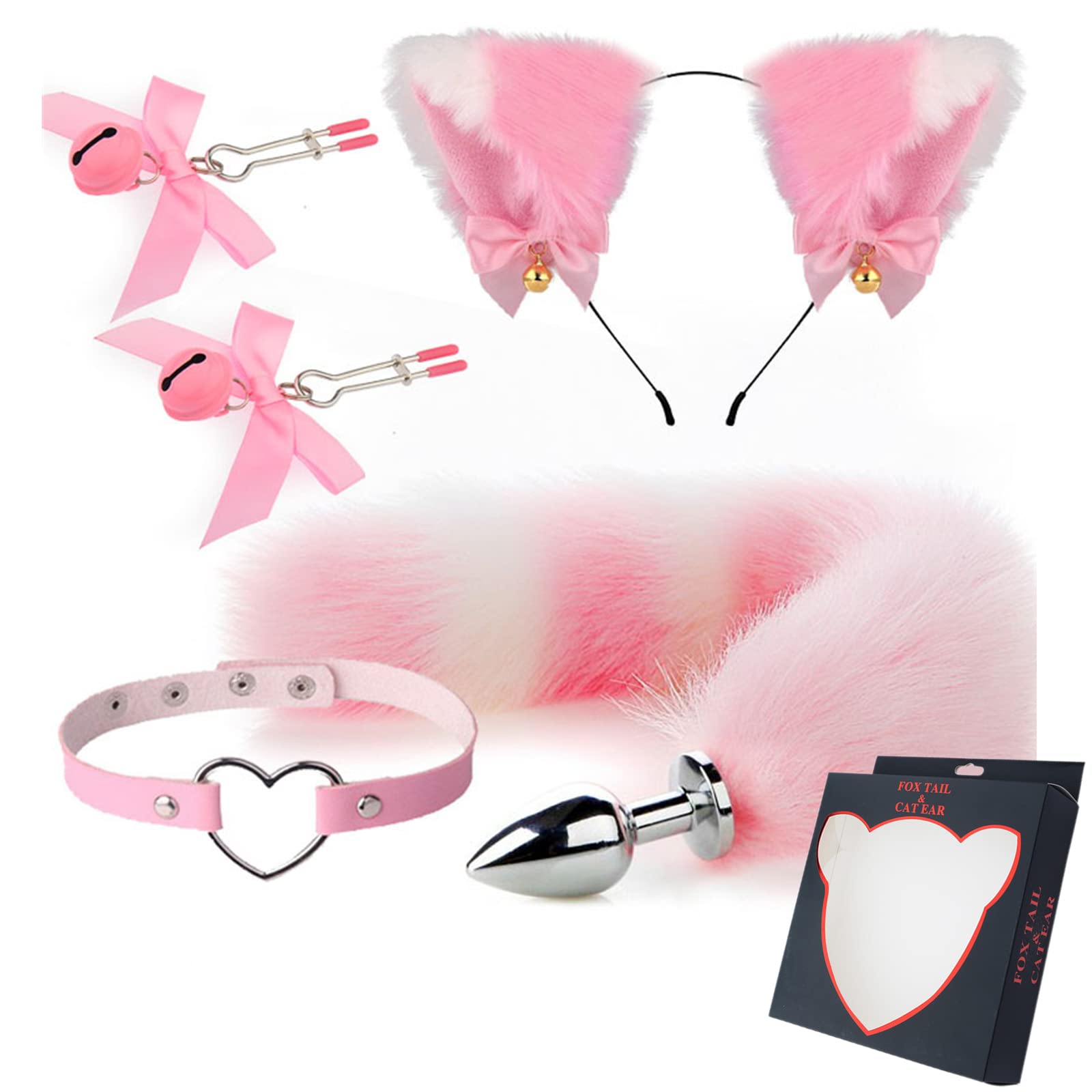Anal Plug Butt Plug Adult Sensory Toys, 4Pcs/Set Fox Tail Anales Plug Toys and Cat Ears Headband with Bell Nipple Clamps Anal Sex Toys for Women Men Beginners Adult Couples Bondage, B-Pink-2