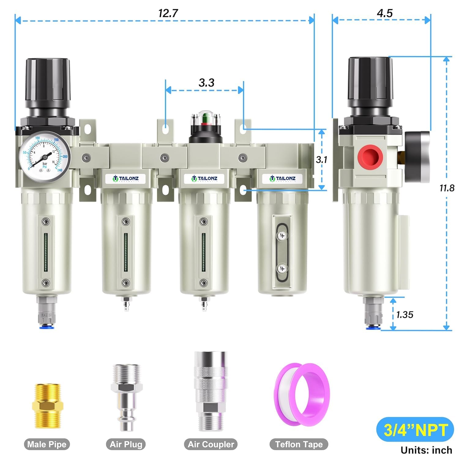 TAILONZ PNEUMATIC Sistema di asciugatura dell'aria a 4 stadi di grado industriale NPT 0-240 psi, doppio filtro antiparticolato, filtro a coalescenza, essiccatore essiccante e regolatore dell'aria