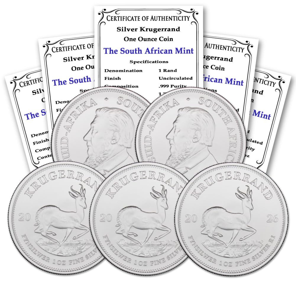 2026 - Lot of (5) South Africa 1 oz Silver Krugerrand Coins Brilliant Uncirculated with Certificates of Authenticity 1 Rand Seller BU
