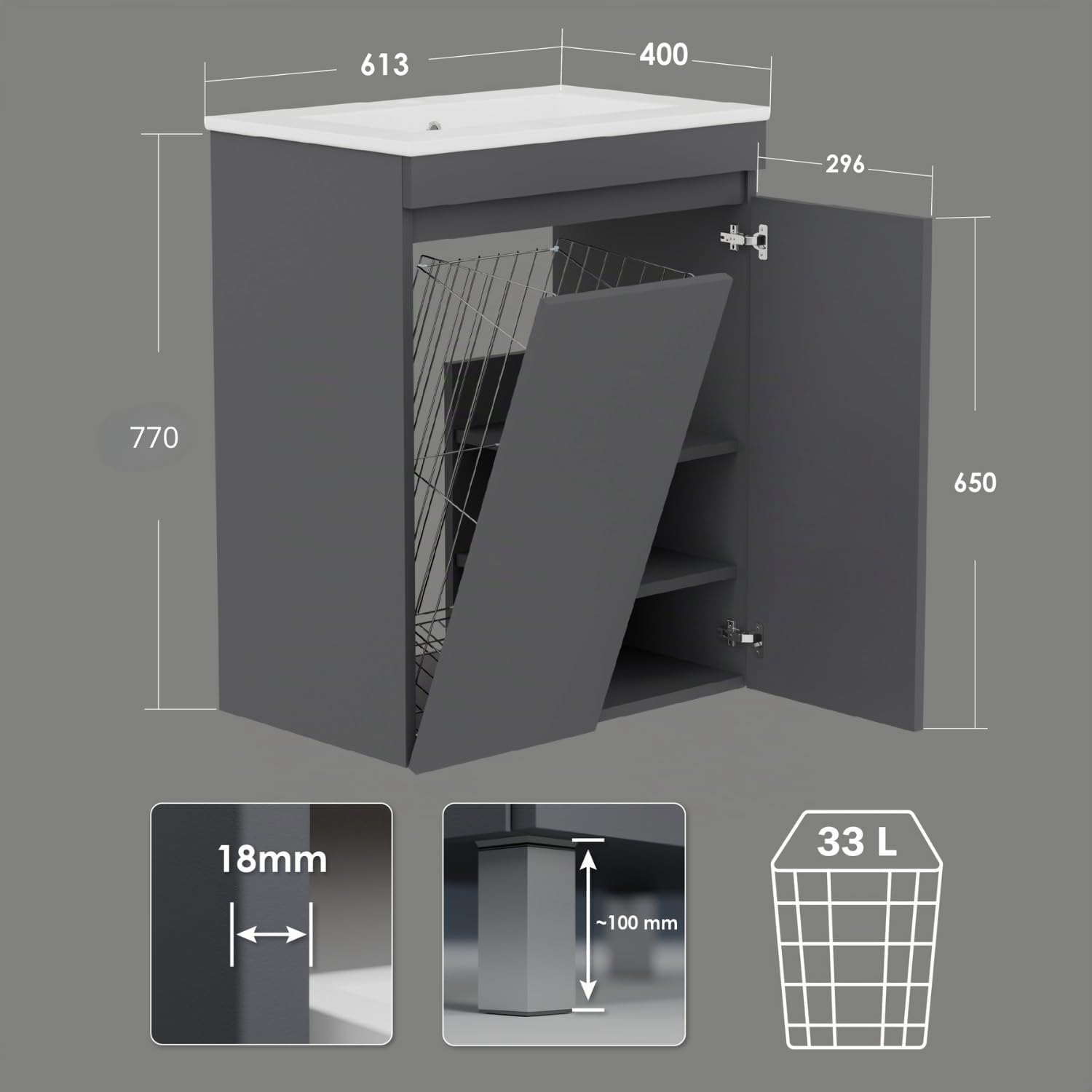 Waschbecken mit Unterschrank Ribera, Hängend oder Stehend, Waschtisch mit Unterschrank für Badezimmer, Wäschekorb, Wäscheschrank, Zusatzböden, 2 Soft-Close-Türen (Anthrazit, 60 cm)