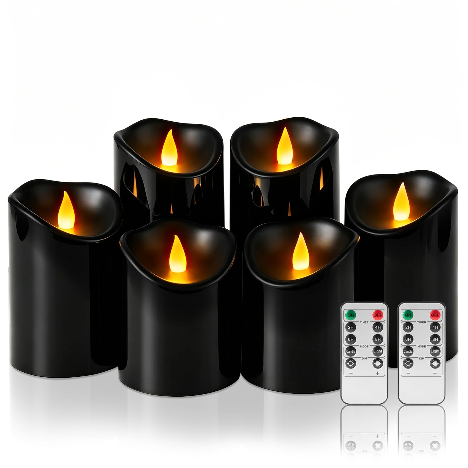 Set di 6 candele senza fiamma in plastica con accogliente fiamma rampicante, effetto ambientale, impermeabili, per esterni, a batteria, con 2 telecomandi e timer, per patio, giardino e