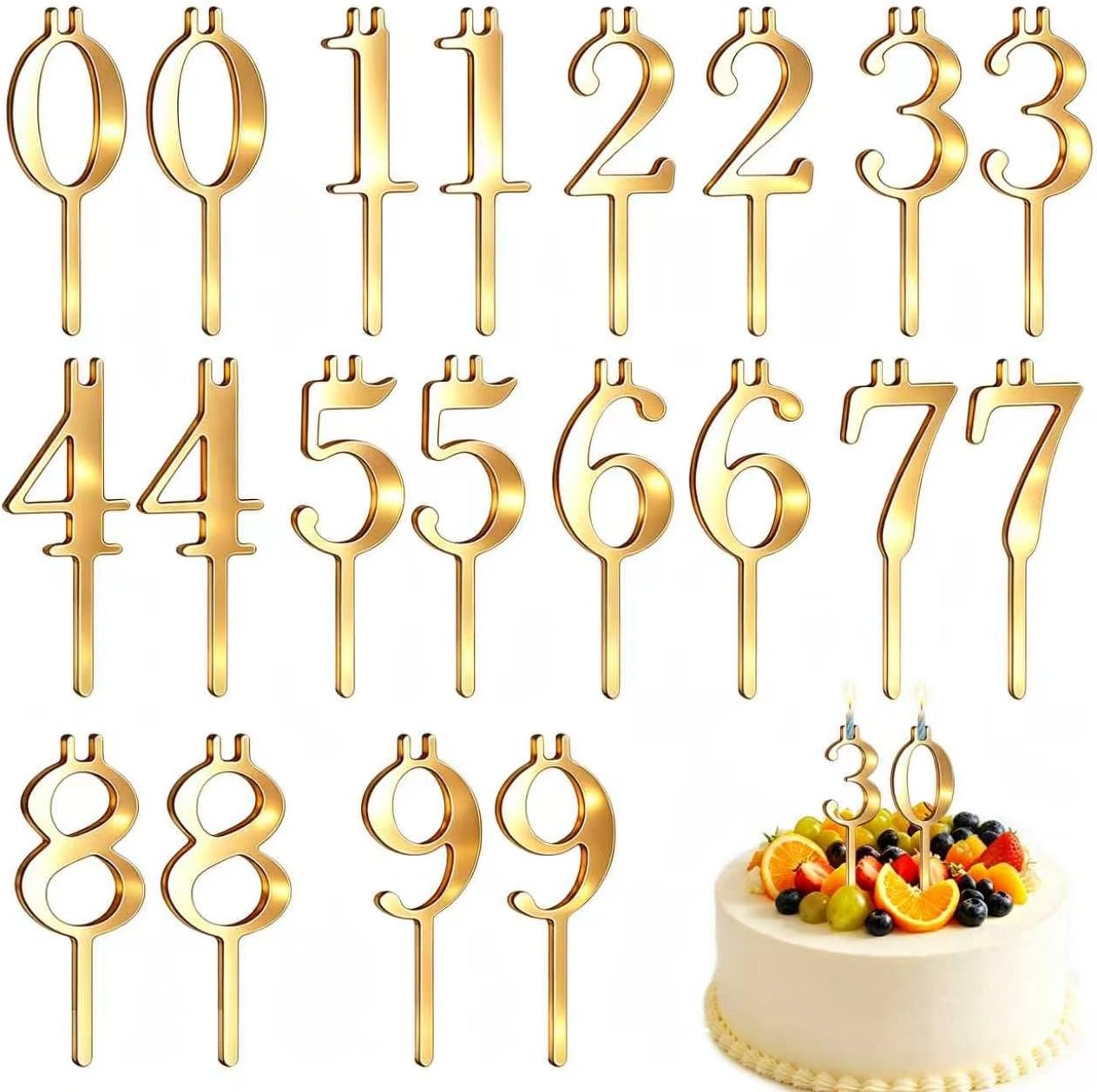 20PCS Reusable Number Candle Holder Set, Upgraded Thicker Metal Candle Stands for Birthday Cake, Cake Topper Decorations for Anniversary Date Displays, Gold