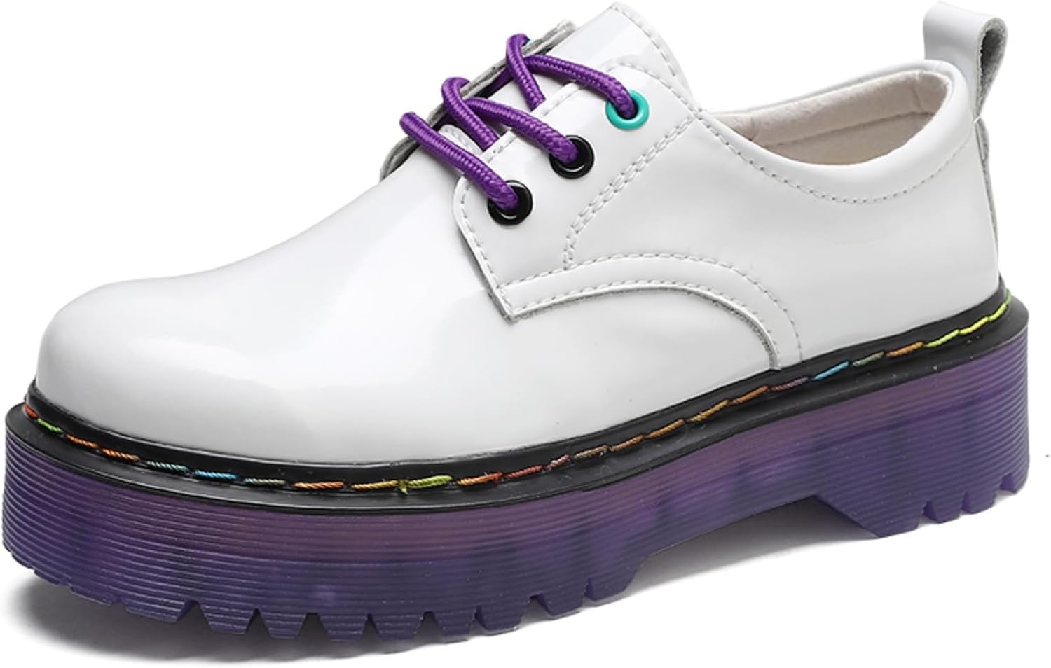 White Patent Leather Platform Oxfords - Purple Chunky Sole Rainbow Stitch Shoes | Edgy Stylish Footwear for Street Style, Daily Outings & Casual Looks