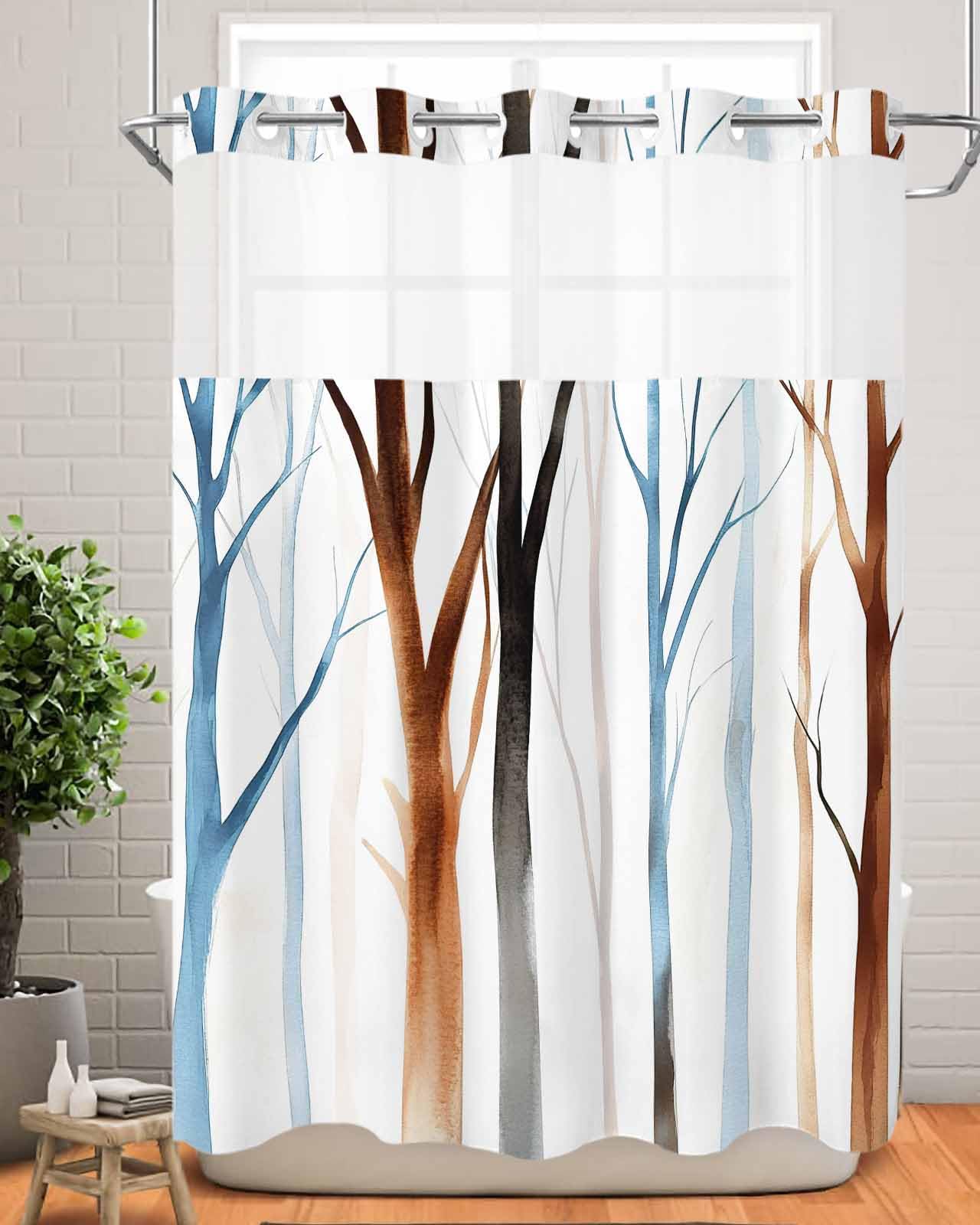 Tree Branches No Hooks Shower Curtain and Liner Set,Gradual Blue Brown Abstract Forest Plant Hotel Style Fabric Bathroom Shower Curtains Waterproof